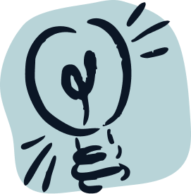 A simple, hand-drawn illustration of a light bulb with lines indicating it is turned on.