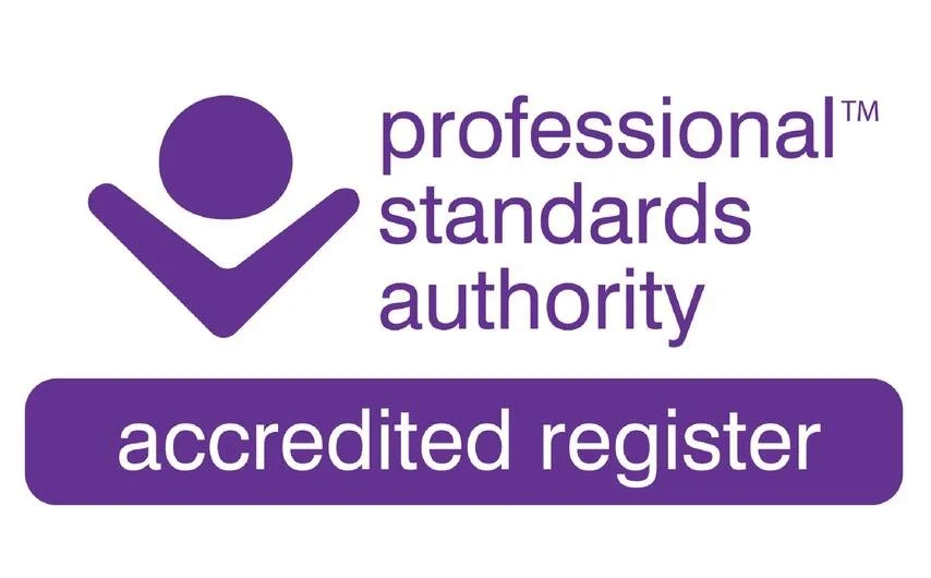 Logo with purple icon resembling a person and check mark, and text reading 'professional standards authority accredited register' in purple.