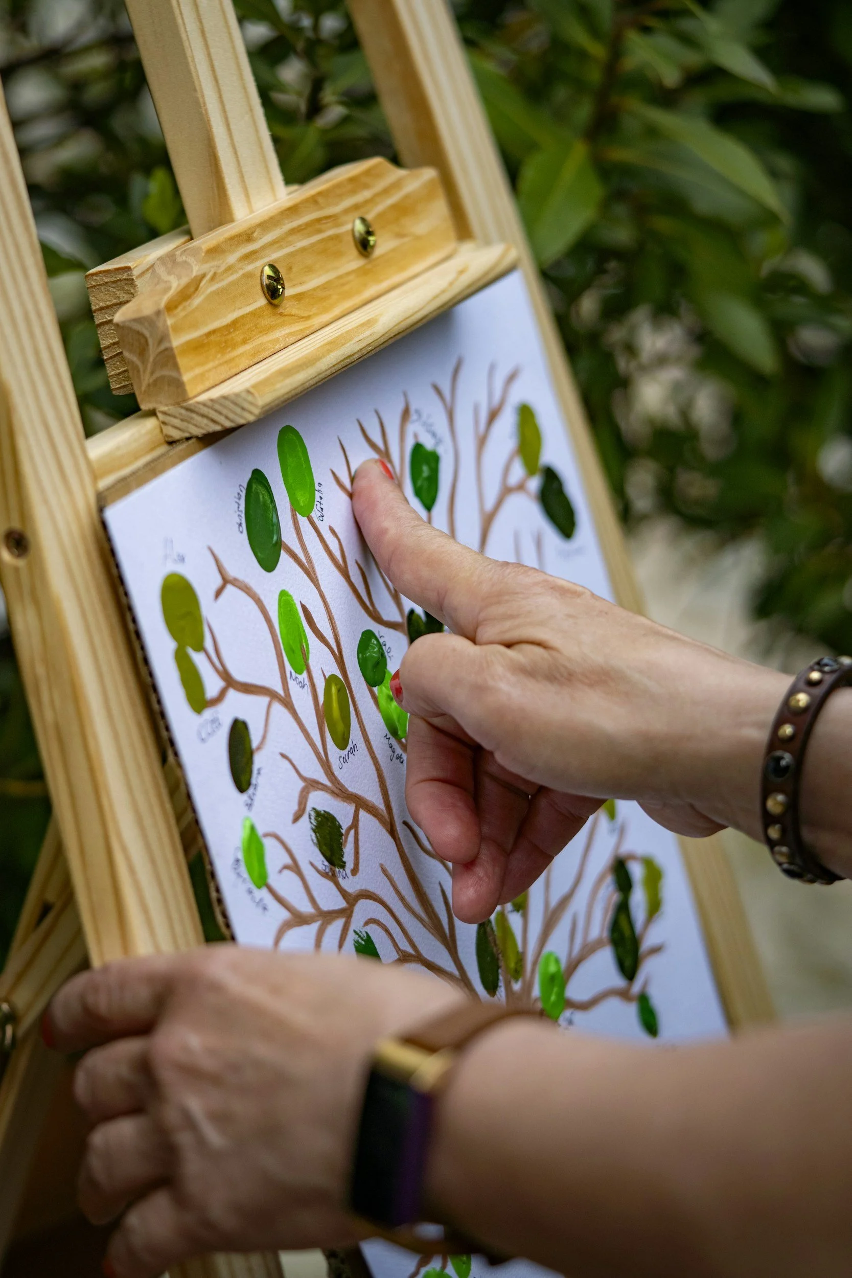 A person interacts with a leaf-changing diagram, moving a green marker to a different leaf. The diagram displays a tree with various green and red leaves, likely representing seasons or stages of growth, set against a background of green foliage.