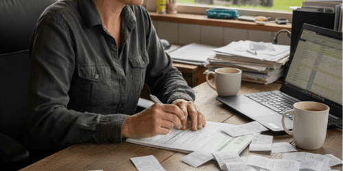 A farmer managing fuel receipts and NZTA MR70 rebate forms for a petrol tax refund.