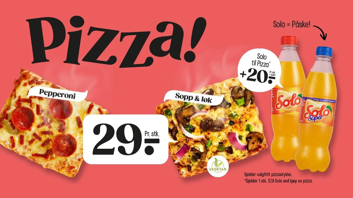 Narvesen kjører på med πPizza-kampanje π tom. 21.april π₯³ Valgfritt pizzastykke til 29,- pr. stk. ππΌ Kjøp solo til pizzastykket for bare 20,- ekstra π Ta turen innom den trivelige gjengen på Nsrvesen LadeTorget om du er