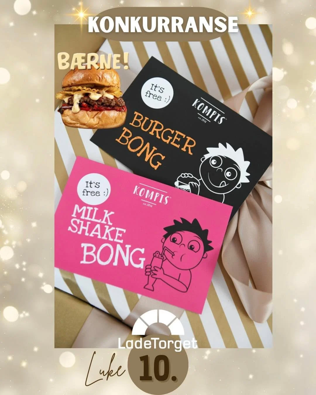 ✨🎄
I dag kan du vinne:

🎁Gratis burger og milkshake fra KOMPIS 🍔

For &aring; delta:
1️⃣ F&oslash;lg Ladetorget p&aring; Instagram/Facebook
2️⃣ Svar p&aring; dagens sp&oslash;rsm&aring;l i kommentarfeltet

🎁 Dagens sp&oslash;rsm&aring;l: M&aring;