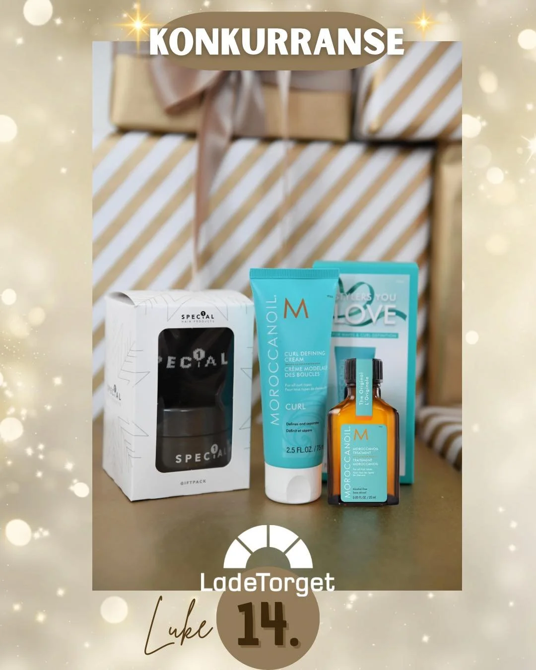 🎄✨ Adventskonkurranse p&aring; Ladetorget! ✨🎄
I dag kan du vinne:

🎁 Maroccanoil curl cream og Special 1 h&aring;rvoks + sokker fra BLIKK FRIS&Oslash;R. 

For &aring; delta:
1️⃣ F&oslash;lg Ladetorget p&aring; Instagram/Facebook
2️⃣ Svar p&aring; 
