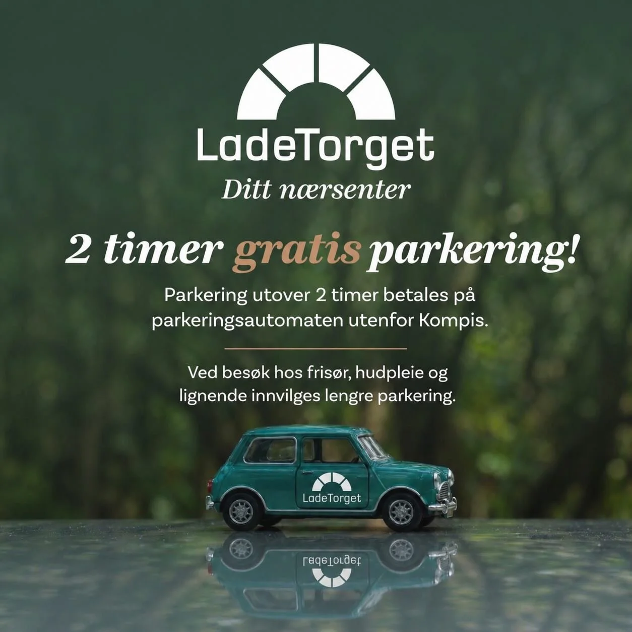 🚗 Ny parkeringsl&oslash;sning p&aring; Ladetorget!

✔️ 2 timer gratis parkering &ndash; helt uten registrering
✔️ Skal du st&aring; lenger? Betal enkelt med kort/t&aelig;pping p&aring; automat (utenfor Kompis)
✔️ Ingen kvittering n&oslash;dvendig &n