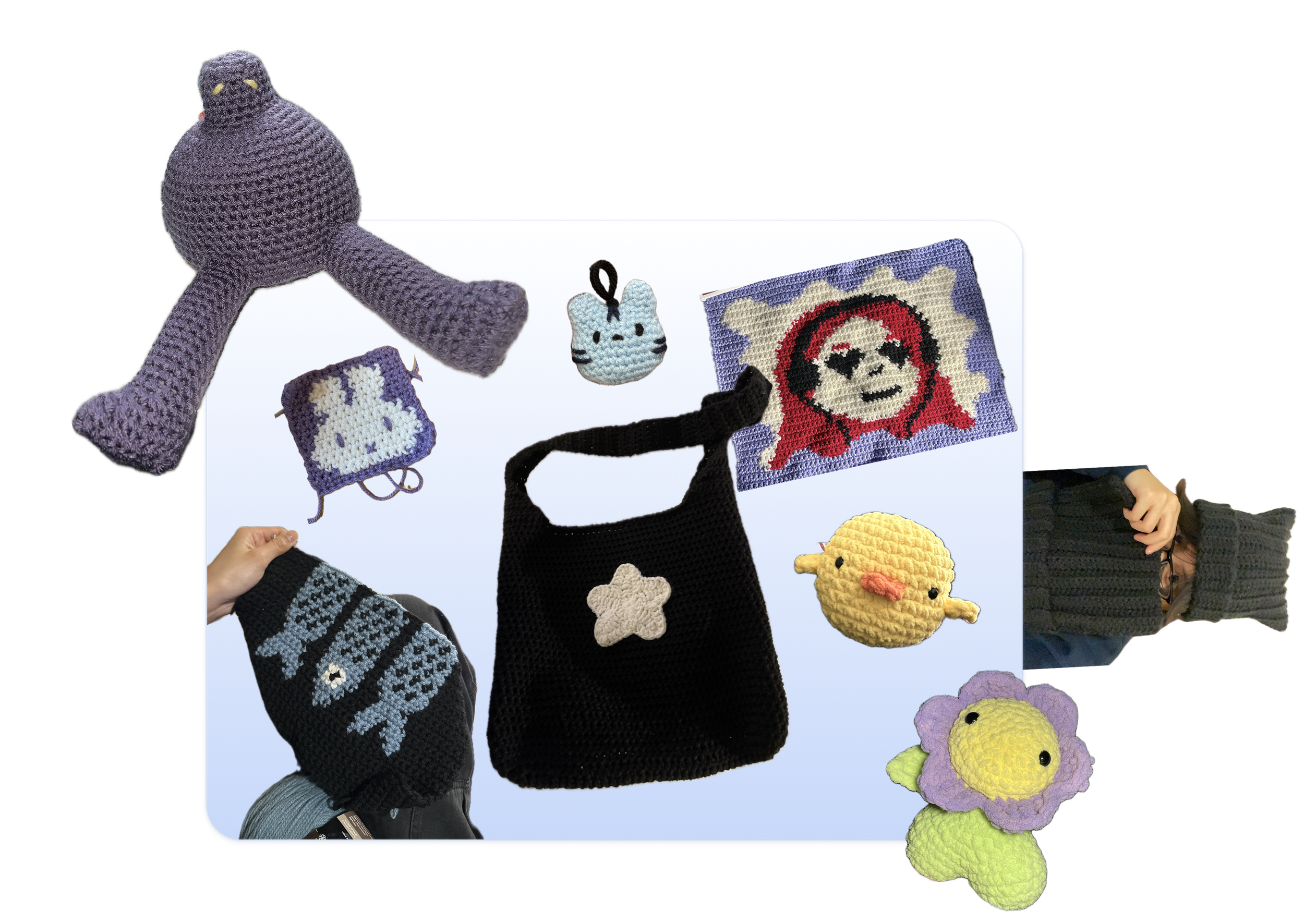 Collection of crocheted items including a large purple plush, a square with a bunny face, a bag, cat hat & charm, a purple tapestry with a girl’s face, a yellow duck, a purple flower, and a black bag with a star, all laid out on a gradient surface.