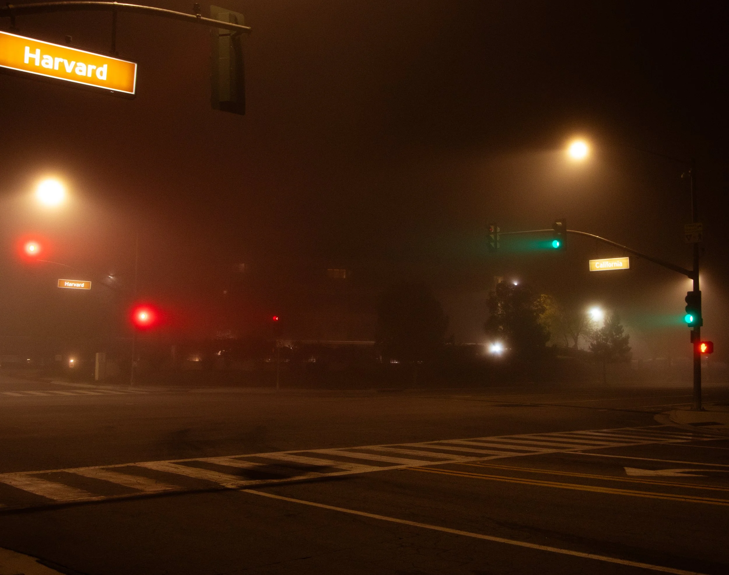 A foggy intersection at night with traffic lights showing green and red signals, street signs labeled 'Harvard' and 'California', and streetlights illuminating the scene.