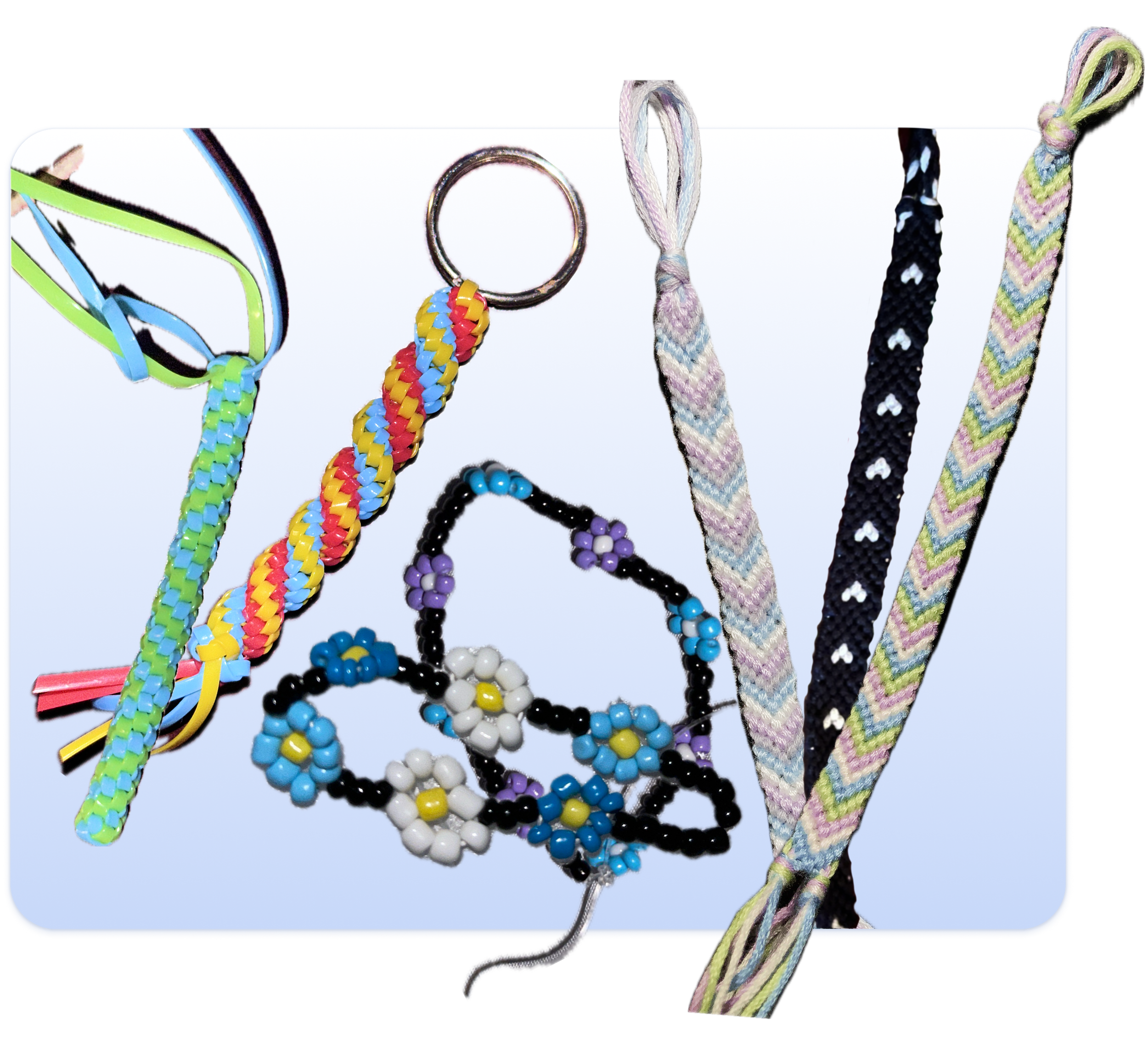 Colorful handmade braided and beaded bracelets and keychain on a white to blue gradient background.