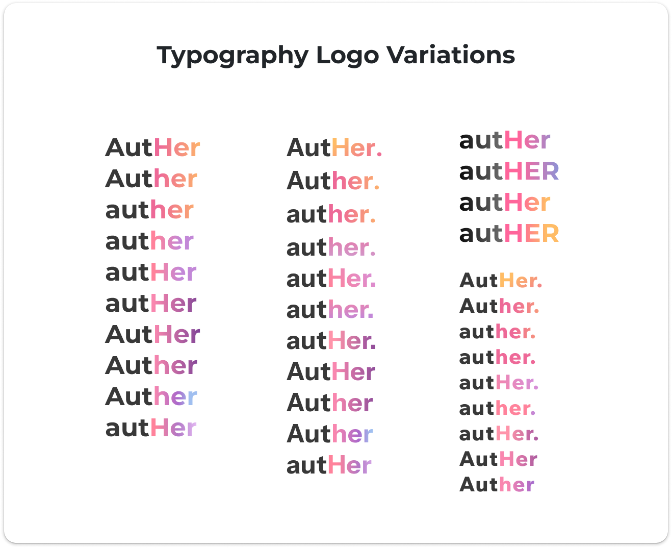 A chart displaying variations of the word 'AutHer' in different fonts, colors, and punctuation styles.