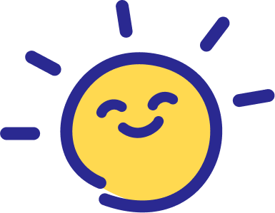A smiling sun with rays and a cheerful face on a transparent background.