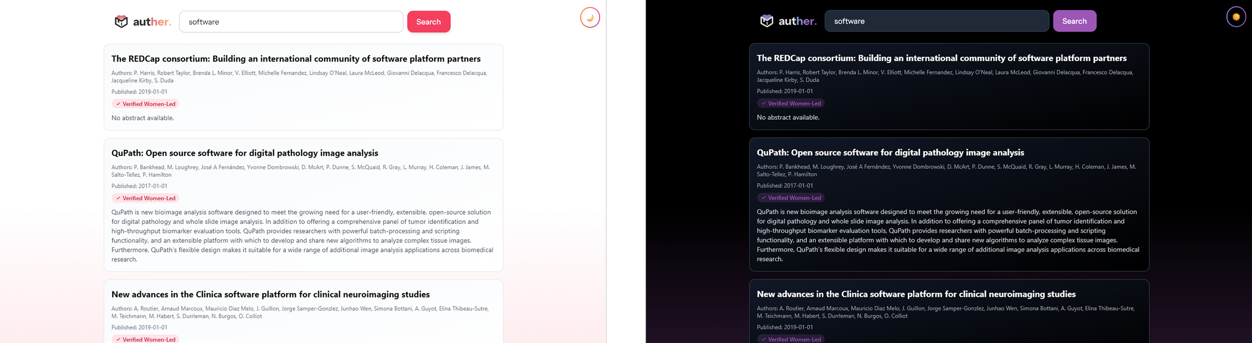 Comparison of webpage in light and dark mode, displaying article titles, authors, publication dates, and labels indicating 'Verified Women-Led' in pink and purple.