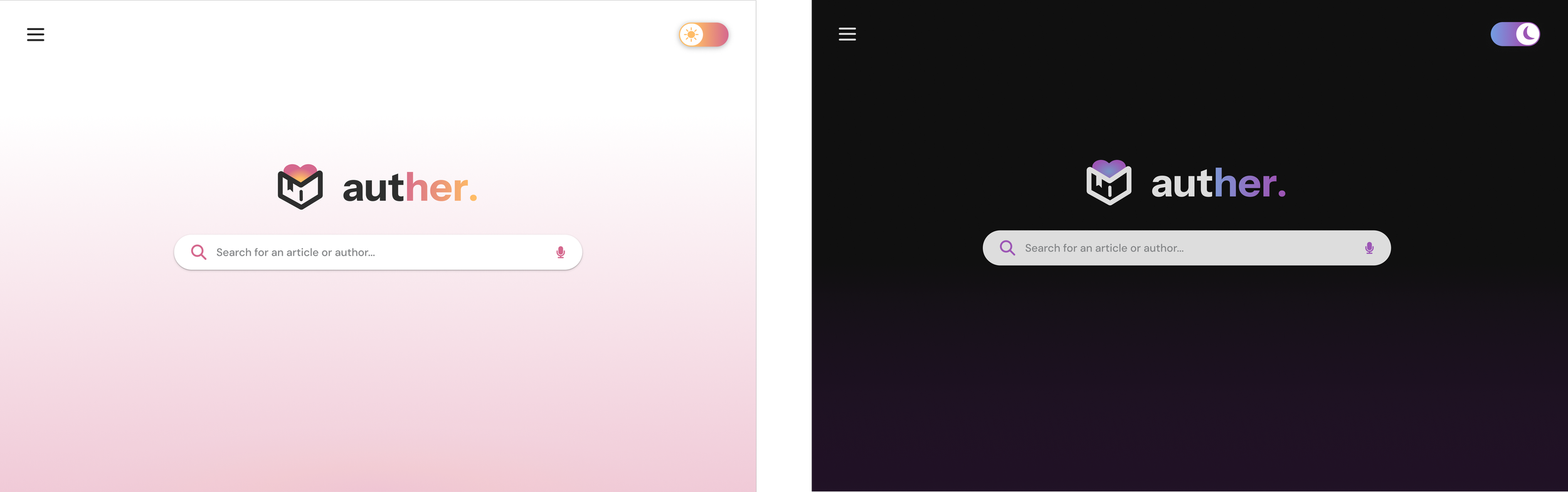 The image shows two versions of a website homepage side by side. The left side has a light pink gradient background with the logo 'auther.' in pink and orange, a search bar with placeholder text, and a sun icon at the top right. The right side has a dark background with the same logo in purple and blue, a similar search bar, and a moon icon at the top right.