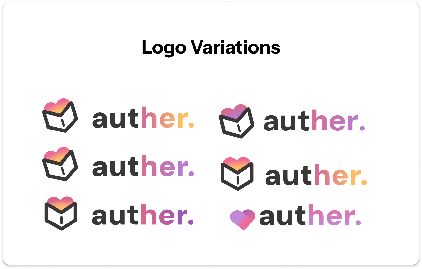 Image showing six variations of a logo for the word "auther" with a colorful heart or box icon. The logos have different color schemes and design arrangements.
