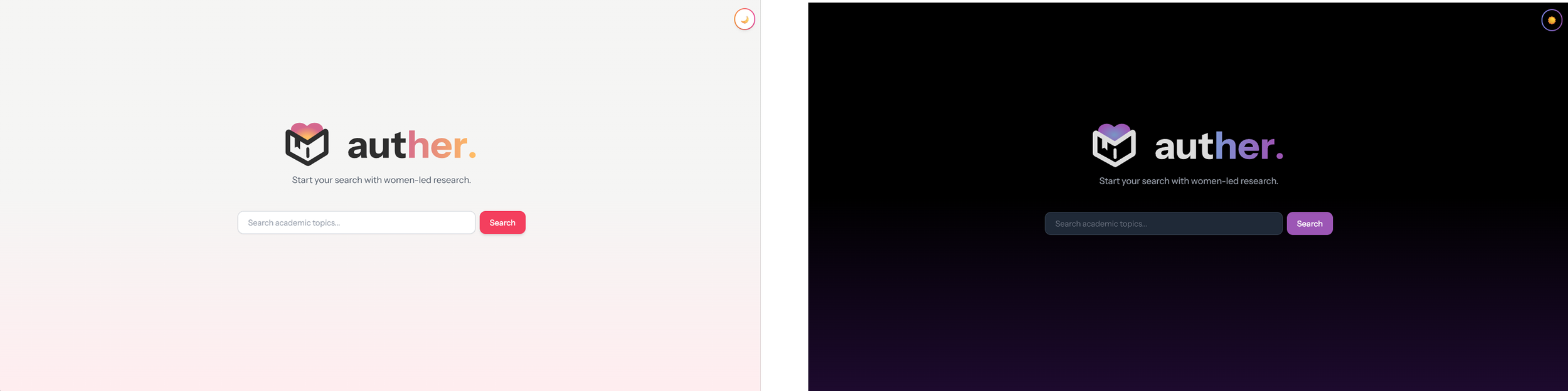 Screenshot showing two versions of a website called 'auther.' with the slogan 'Start your search with women-led research.' One version has a light background, pink and red accents, and a pink 'Search' button. The other version has a dark background, purple and blue accents, and a purple 'Search' button.
