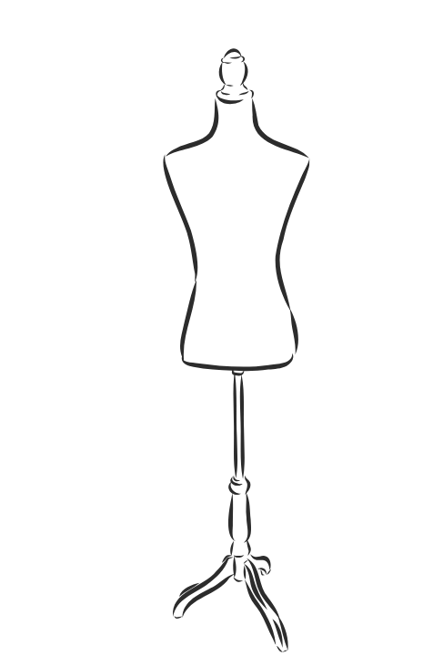 Outline drawing of a dress form or mannequin on a stand.