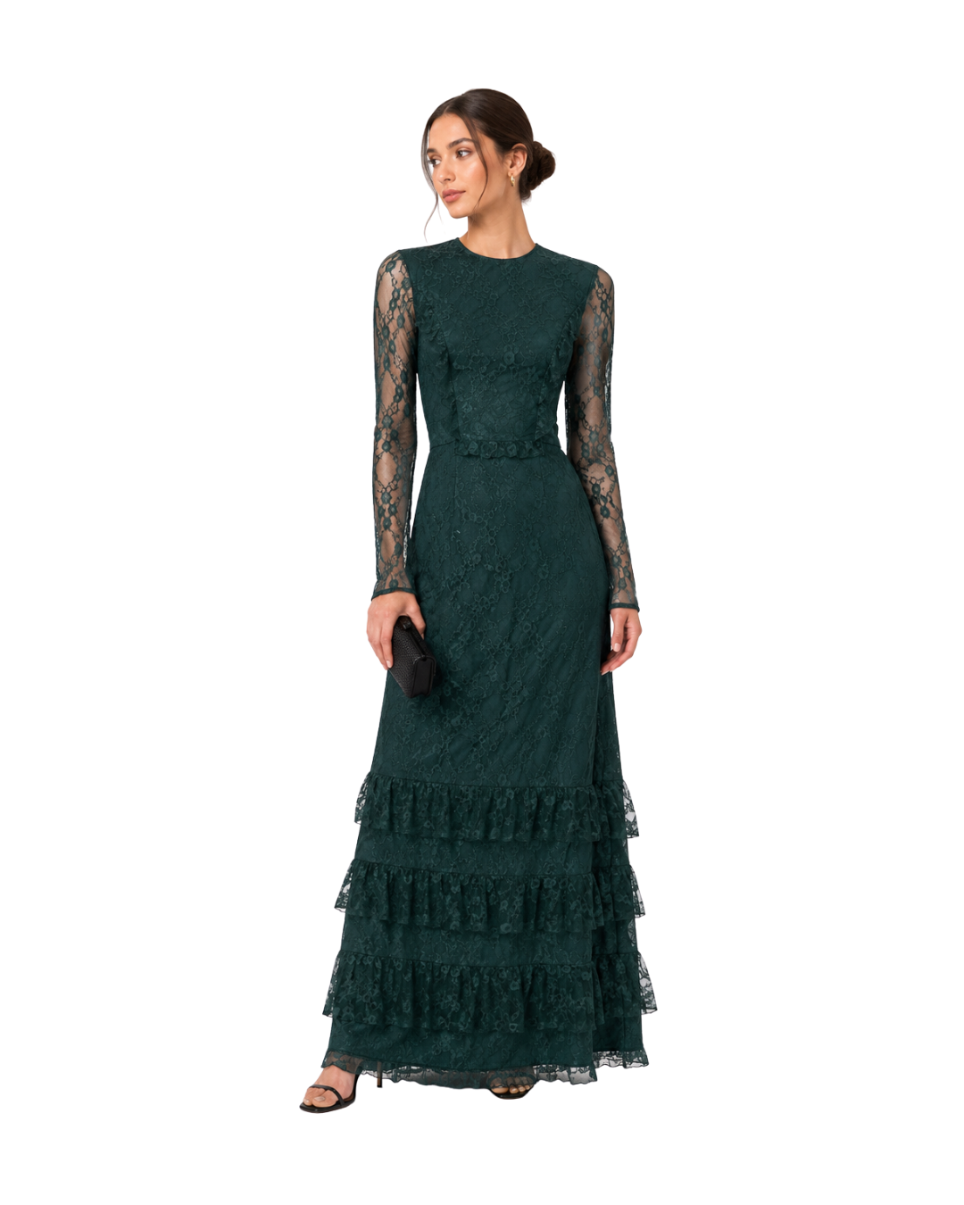 Mikael Aghal Ruffle-trimmed Tiered Lace Gown In Emerald website#.png