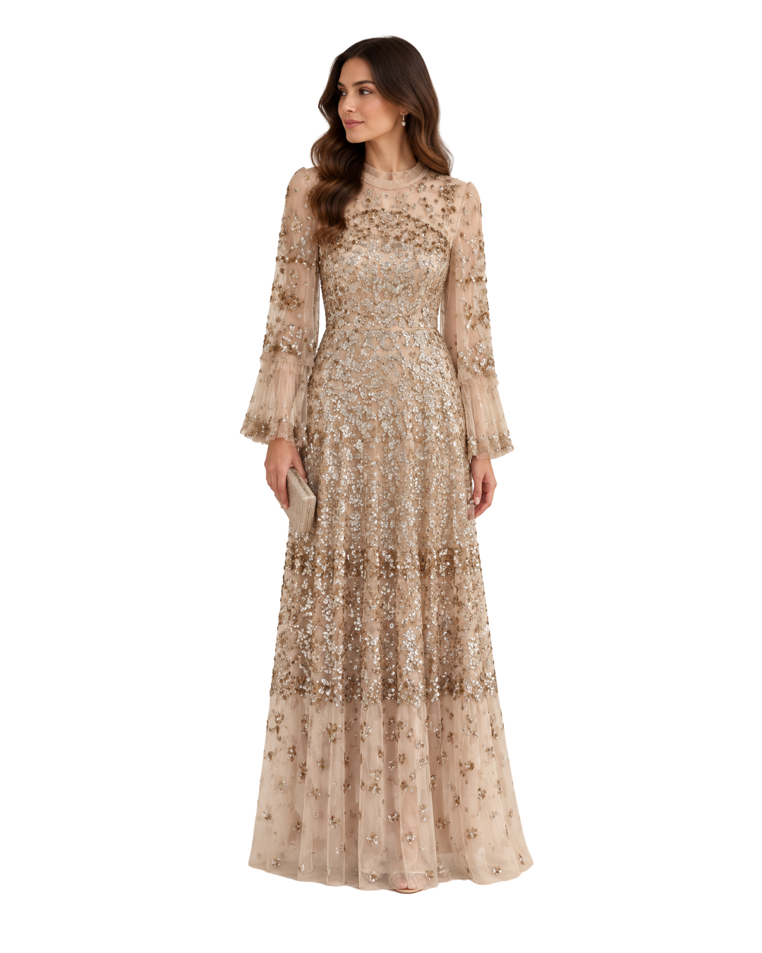 Needle & Thread Champagne Floral Sequin Gown (10/331)