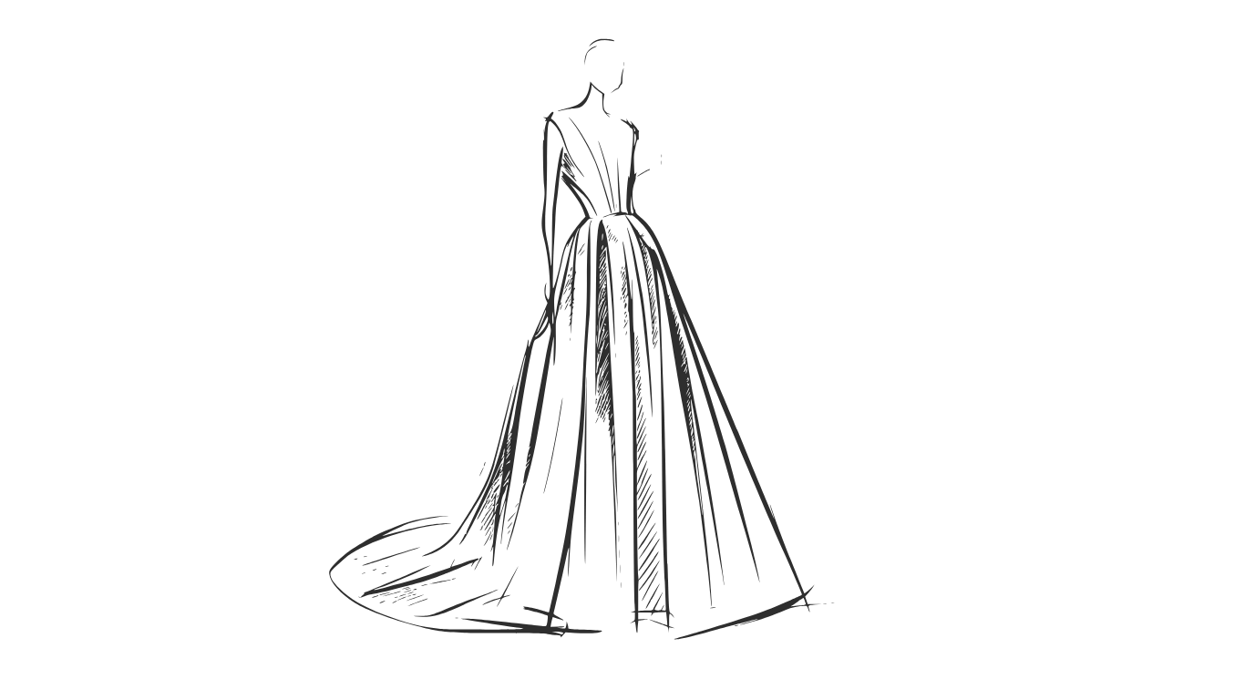 Fashion sketch of a woman wearing a long, flowing gown with a train.