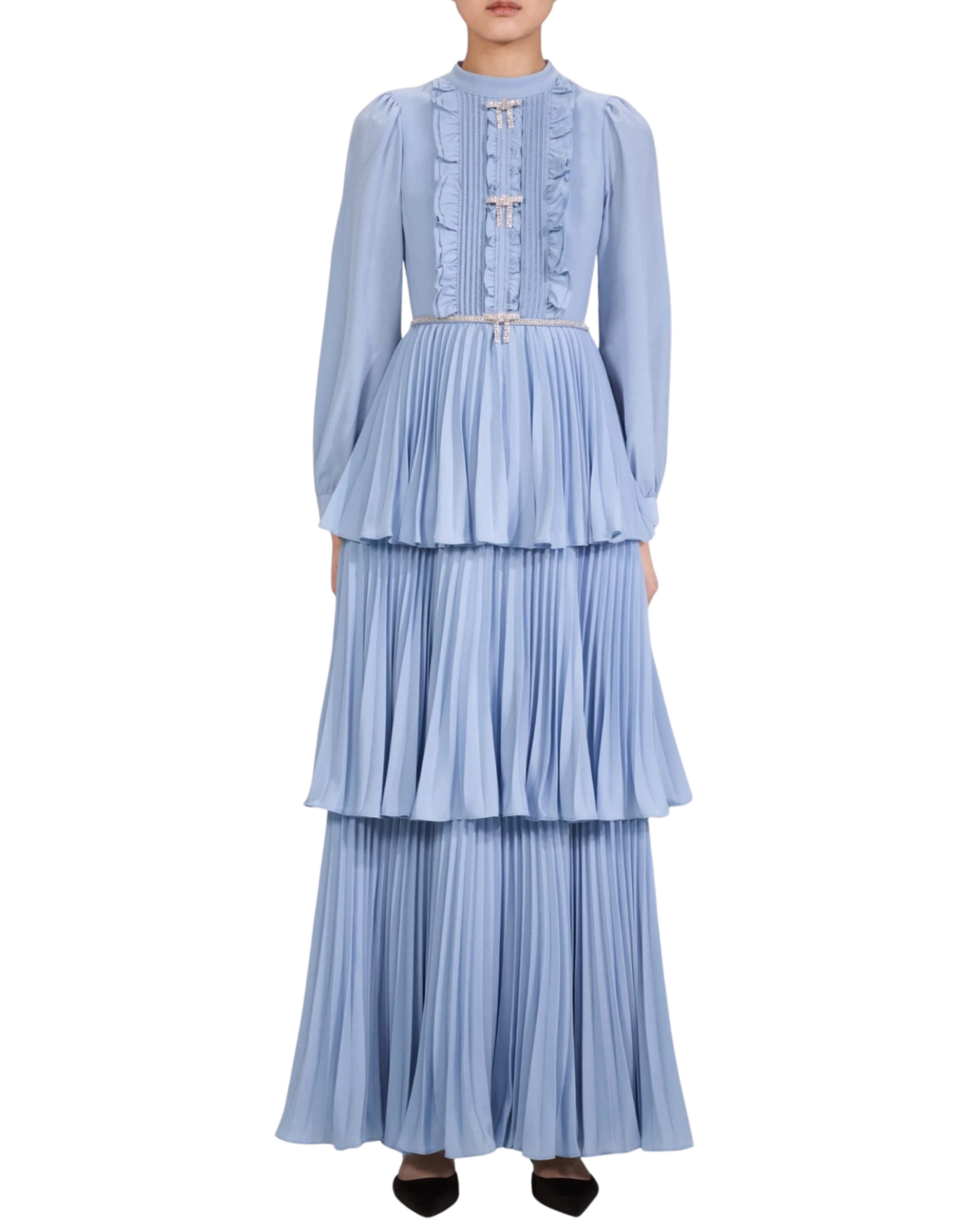 Self Portrait Blue Pleated Flounced Maxi Shirt Dress With Tuxedo Detail