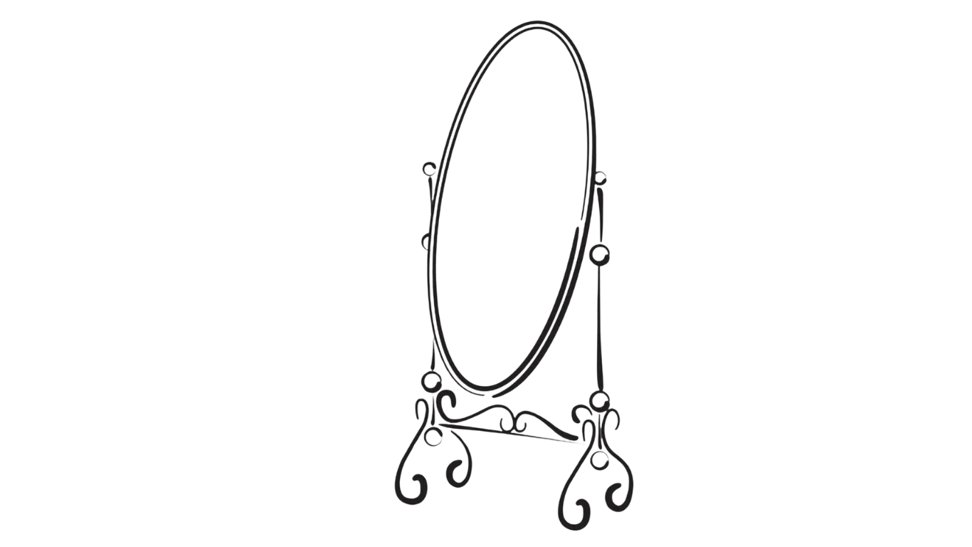 Decorative standing mirror with an ornate metal frame and stand.
