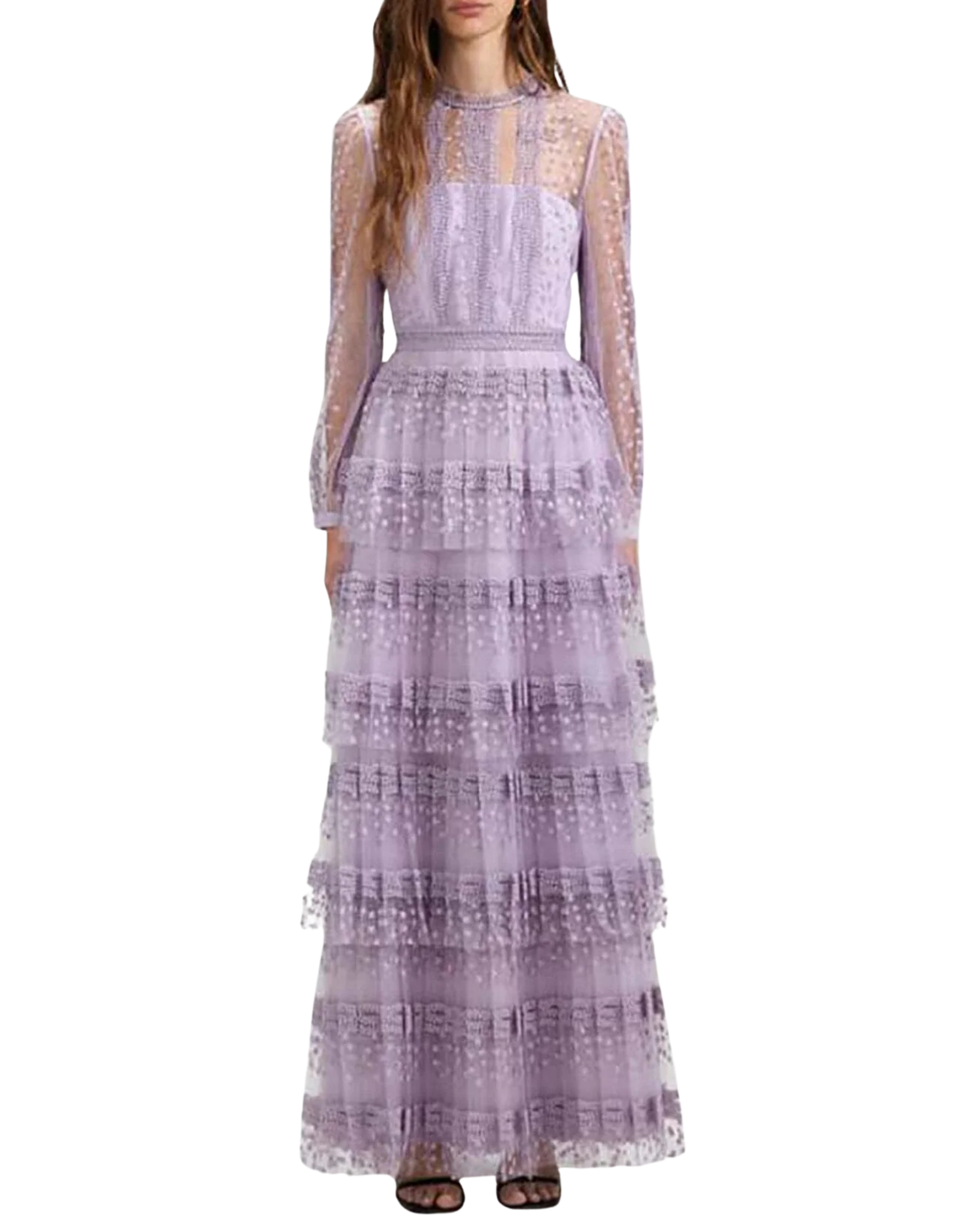 Self-Portrait Lilac Tiered Lace Midi Dress