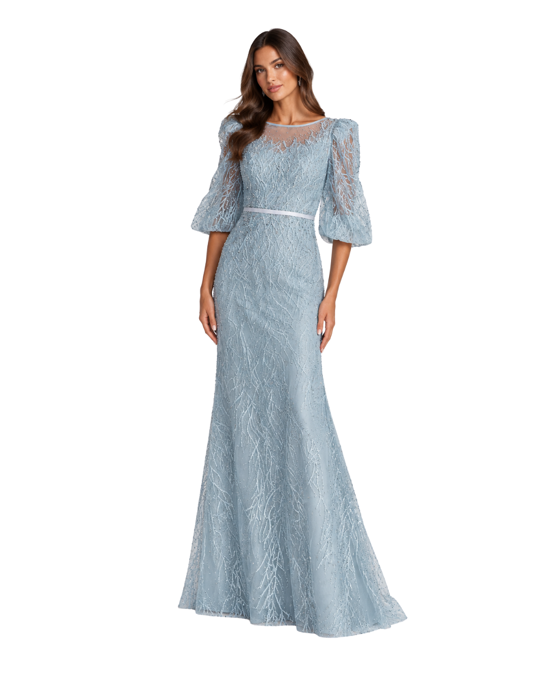 Blue Embroidered Boat Neck Puff Sleeve Gown (10,12/327)