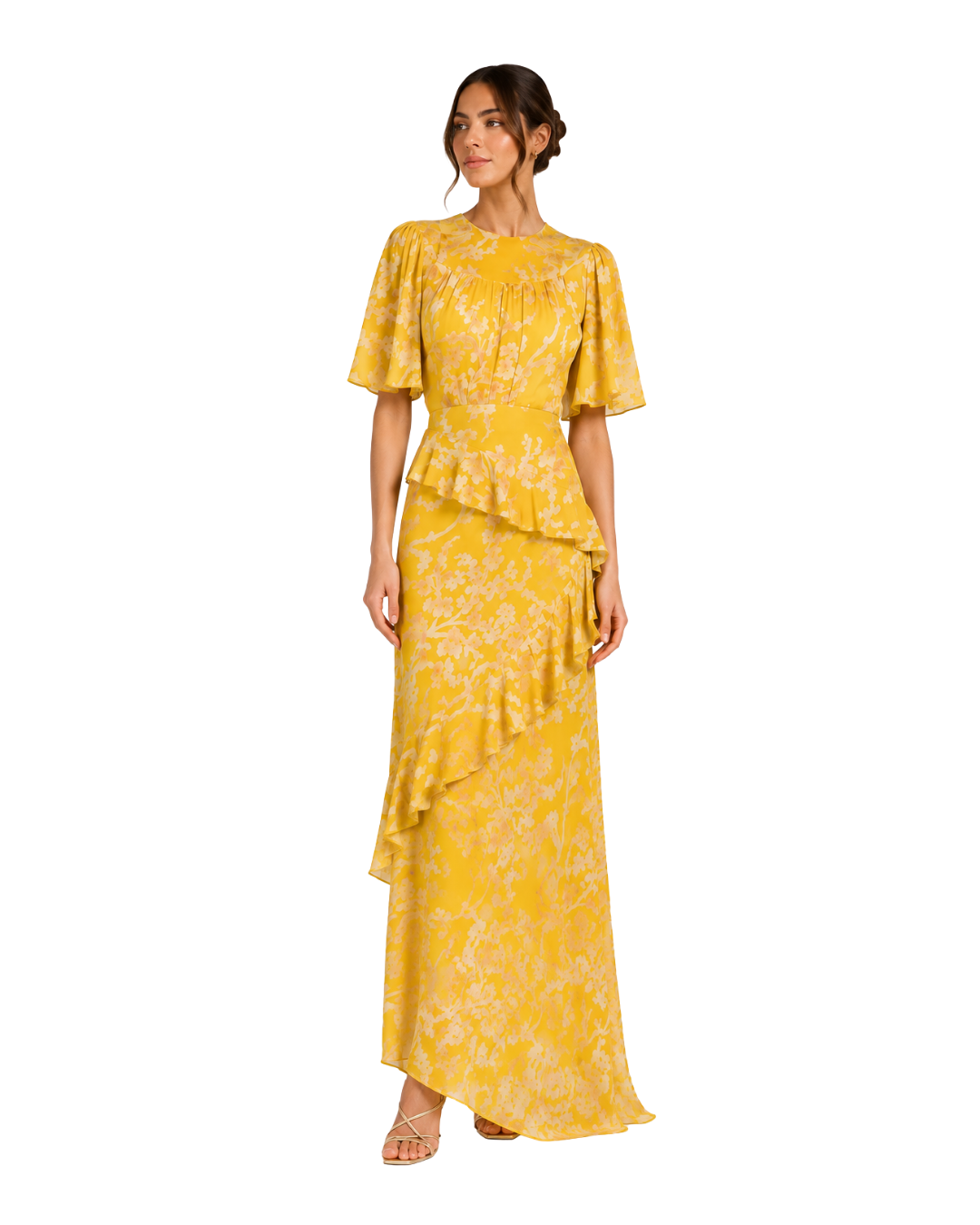 Saloni Yellow floral ruffle maxi dress (10/308)