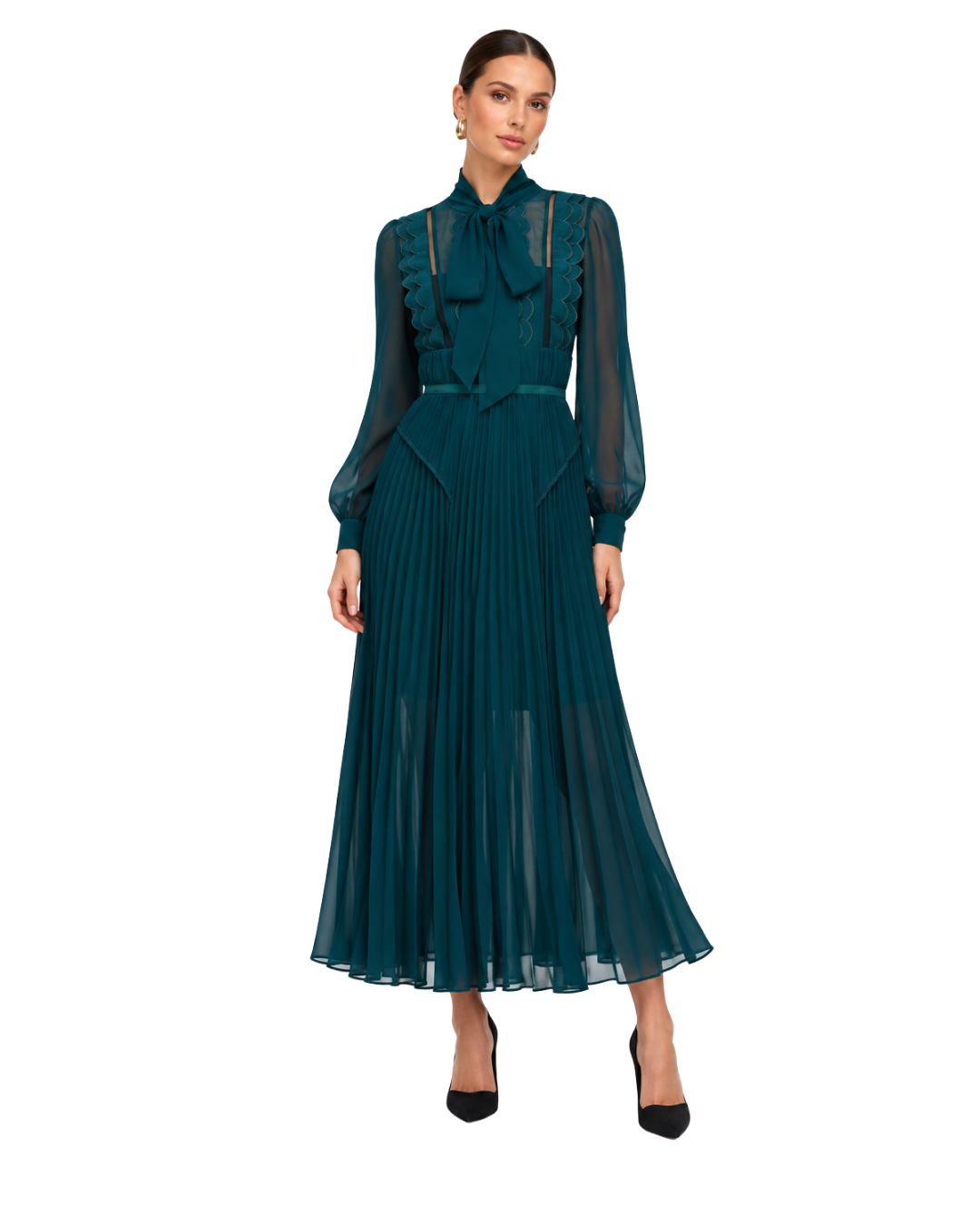 Self-Portrait Teal Bow Pleated Midi Dress website.png