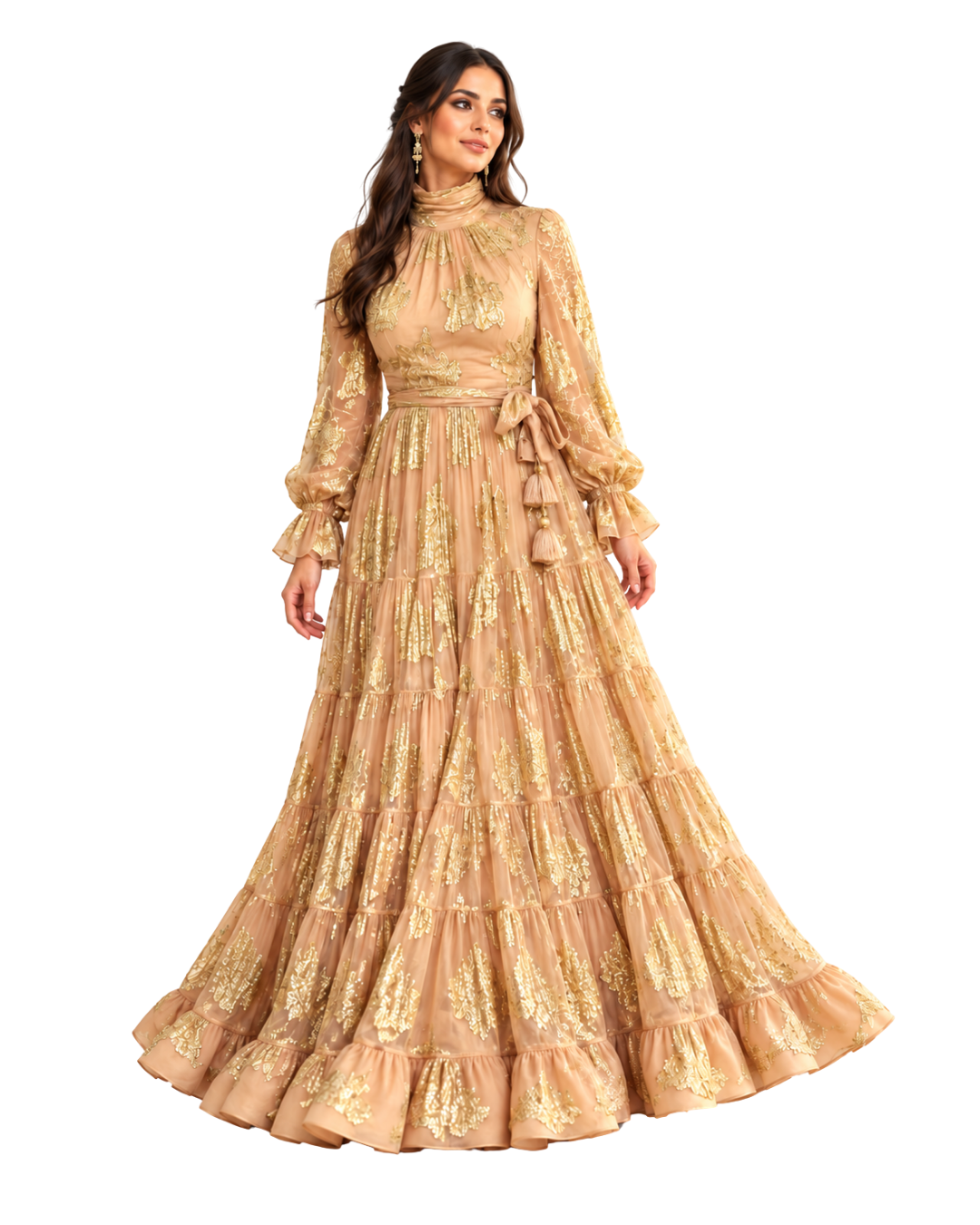 Diamond of Eden Gold Embroidered Tiered Maxi Dress (10,12,14/337)