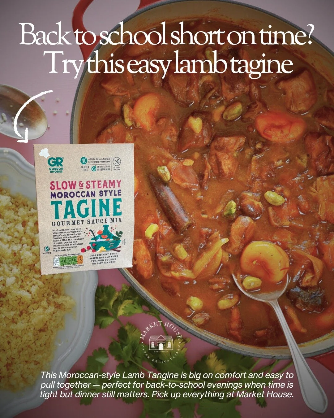 Slow-cooked flavour, no stress.
This Moroccan-style Lamb Tagine is big on comfort and easy to pull together — perfect for back-to-school evenings when time is tight but dinner still matters. Pick up everything at Market House:
• Gordon Rho