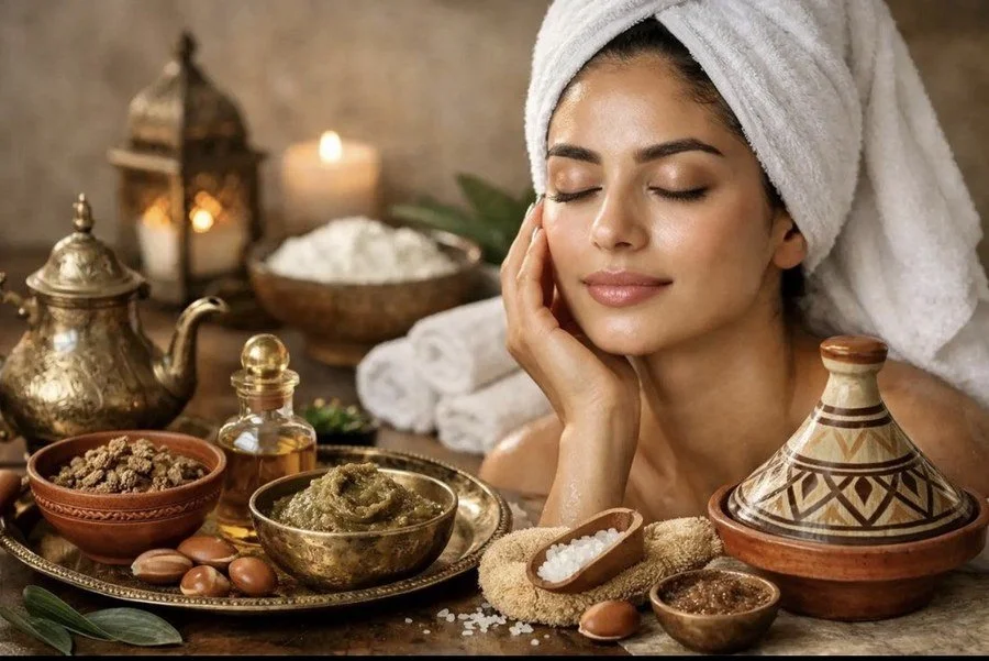 A woman with a towel wrapped around her head enjoys a spa treatment surrounded by traditional Moroccan decor and skincare products.
