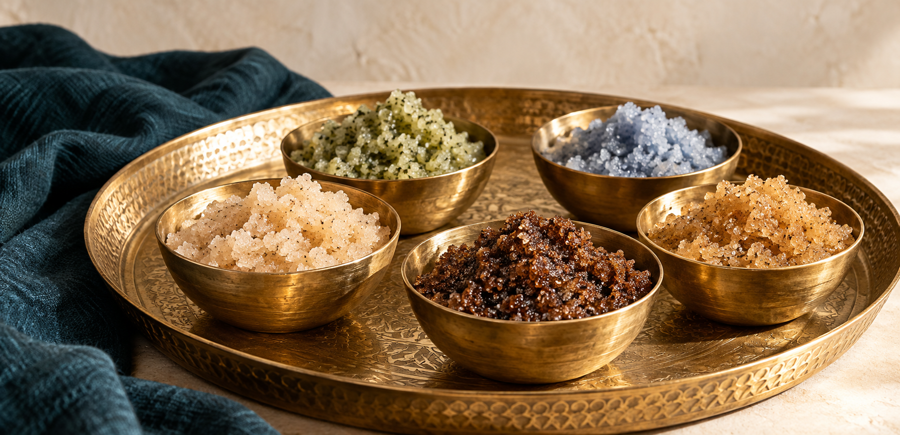 Six small gold bowls filled with different varieties of Moroccan-style flavored salts or spices, placed on a large round gold tray with intricate patterns. A dark blue textured cloth is draped nearby.