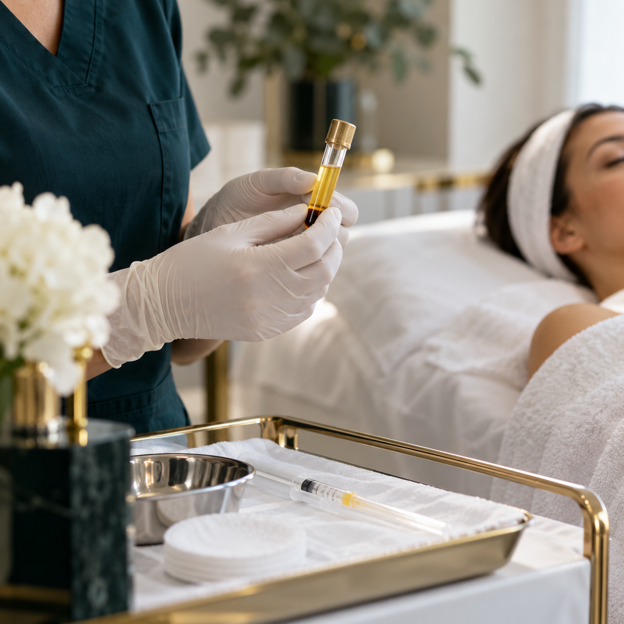A medical professional in gloves holding a test tube with a yellow liquid in a clinic setting, with a woman lying on a bed nearby.