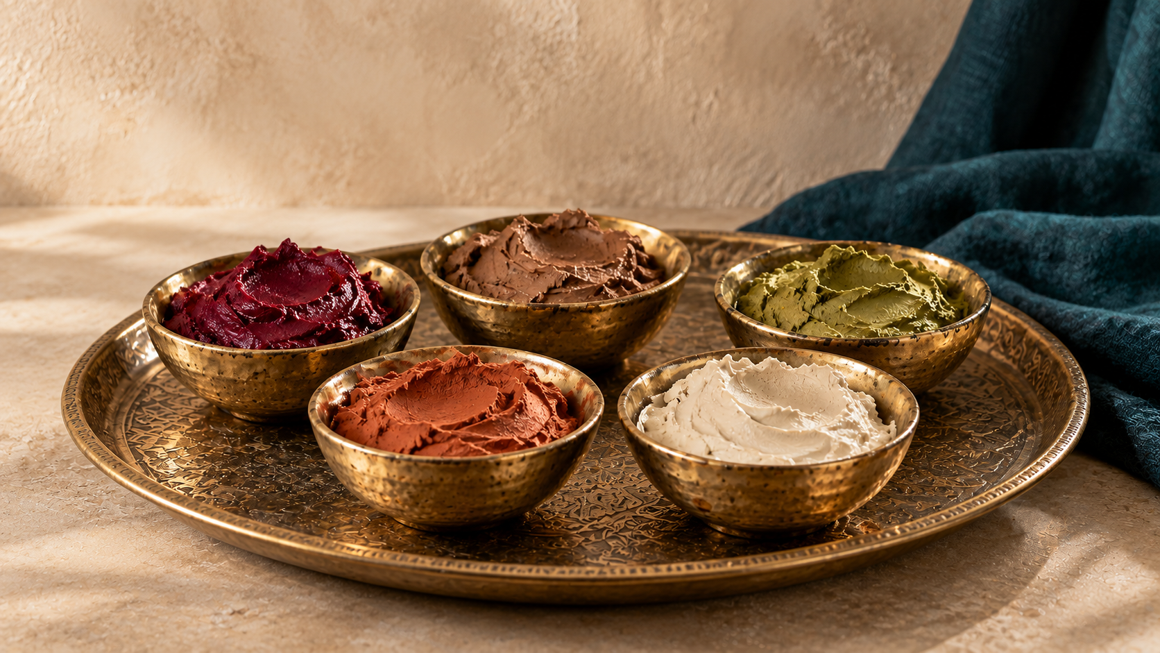 Six bowls of different flavored ice cream on a decorative metal tray, with a textured beige background and dark blue cloth on the right.