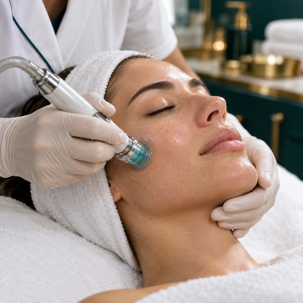 A woman receiving a facial treatment in a spa or clinic, lying on a bed with a headband, while a professional uses a device on her cheek.