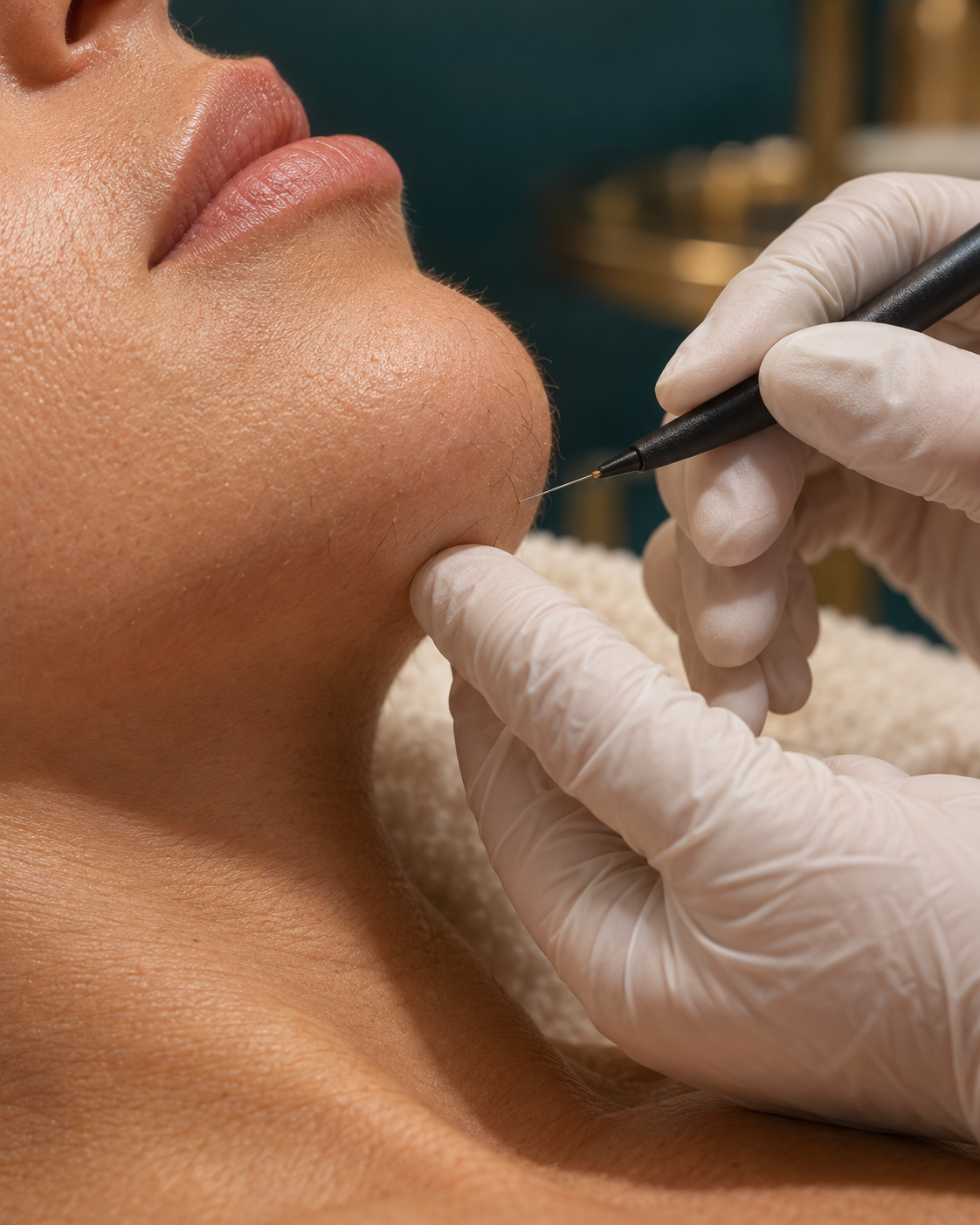 A person receiving a cosmetic or dermatological treatment on their chin, with a practitioner using a fine needle or instrument while wearing gloves.