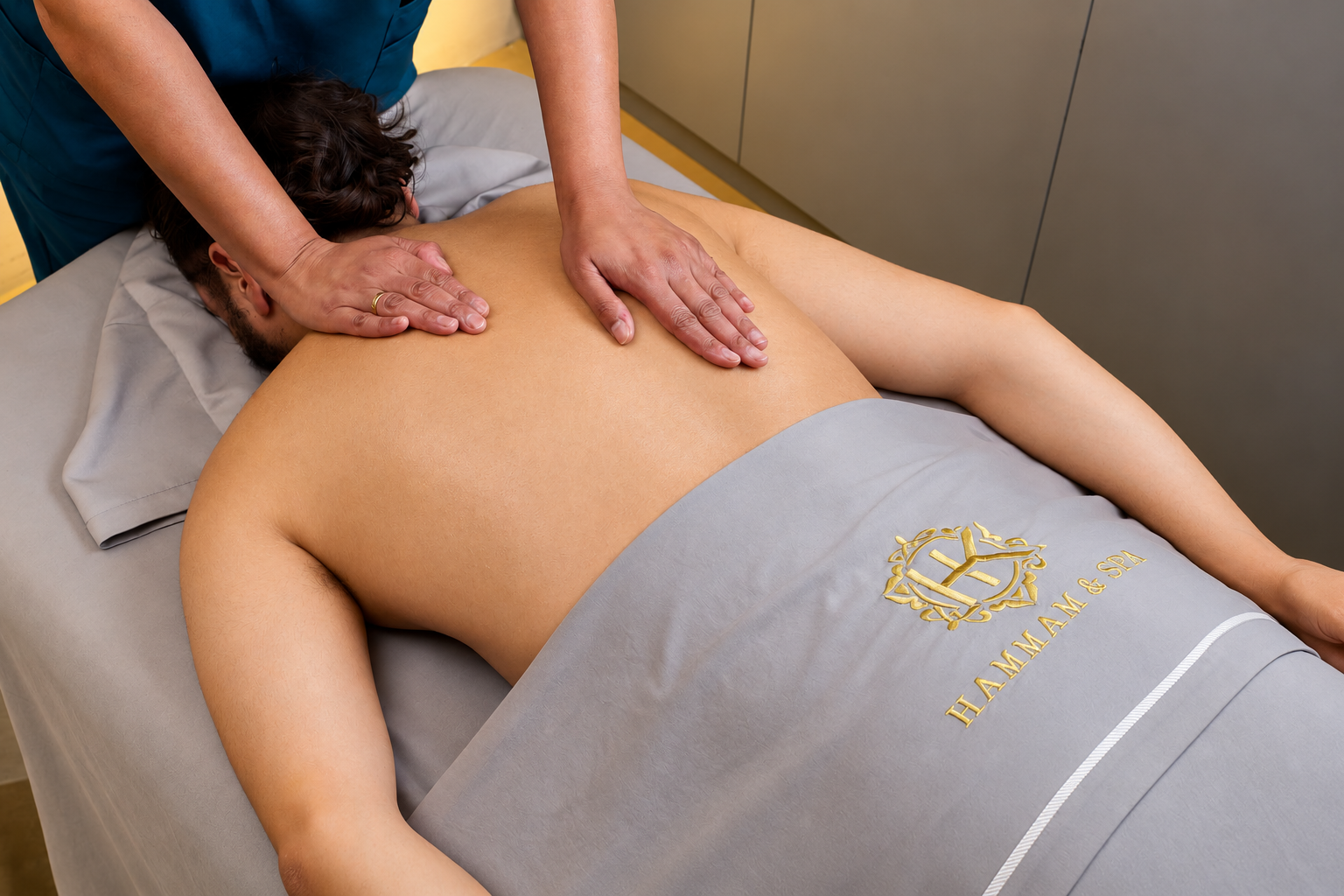A person is lying face down on a massage table, receiving a back massage from a massage therapist.