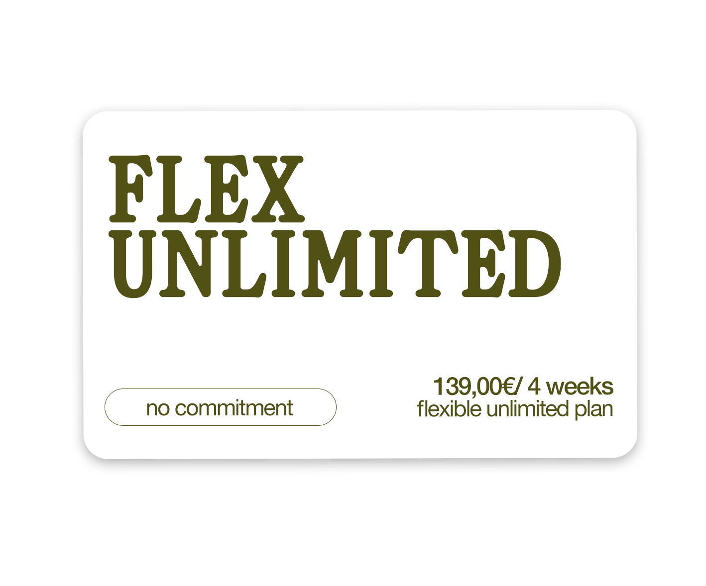 A promotional card for an unlimited FLEX plan costing 139 euros for four weeks, with no commitment, offering flexible unlimited service.