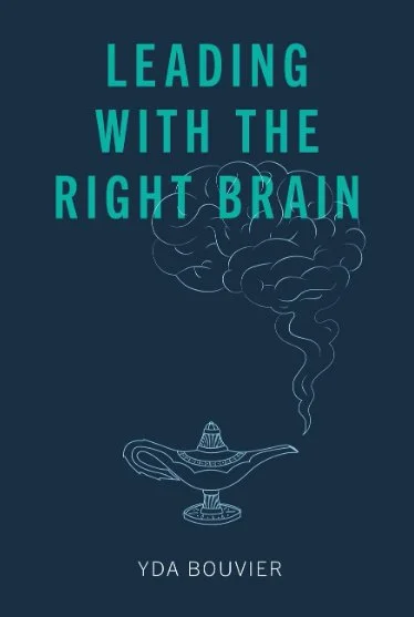 Book cover titled 'Leading with the Right Brain' by Yda Bouvier, featuring a stylized illustration of a brain emanating smoke above a magic lamp.