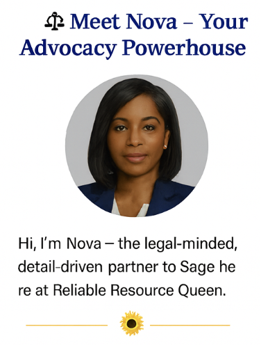 Profile card featuring a woman named Nova with the text 'Meet Nova โ Your Advocacy Powerhouse' and a brief description of her as a legal-minded, detail-driven partner to Sage and Reliable Resource Queen.