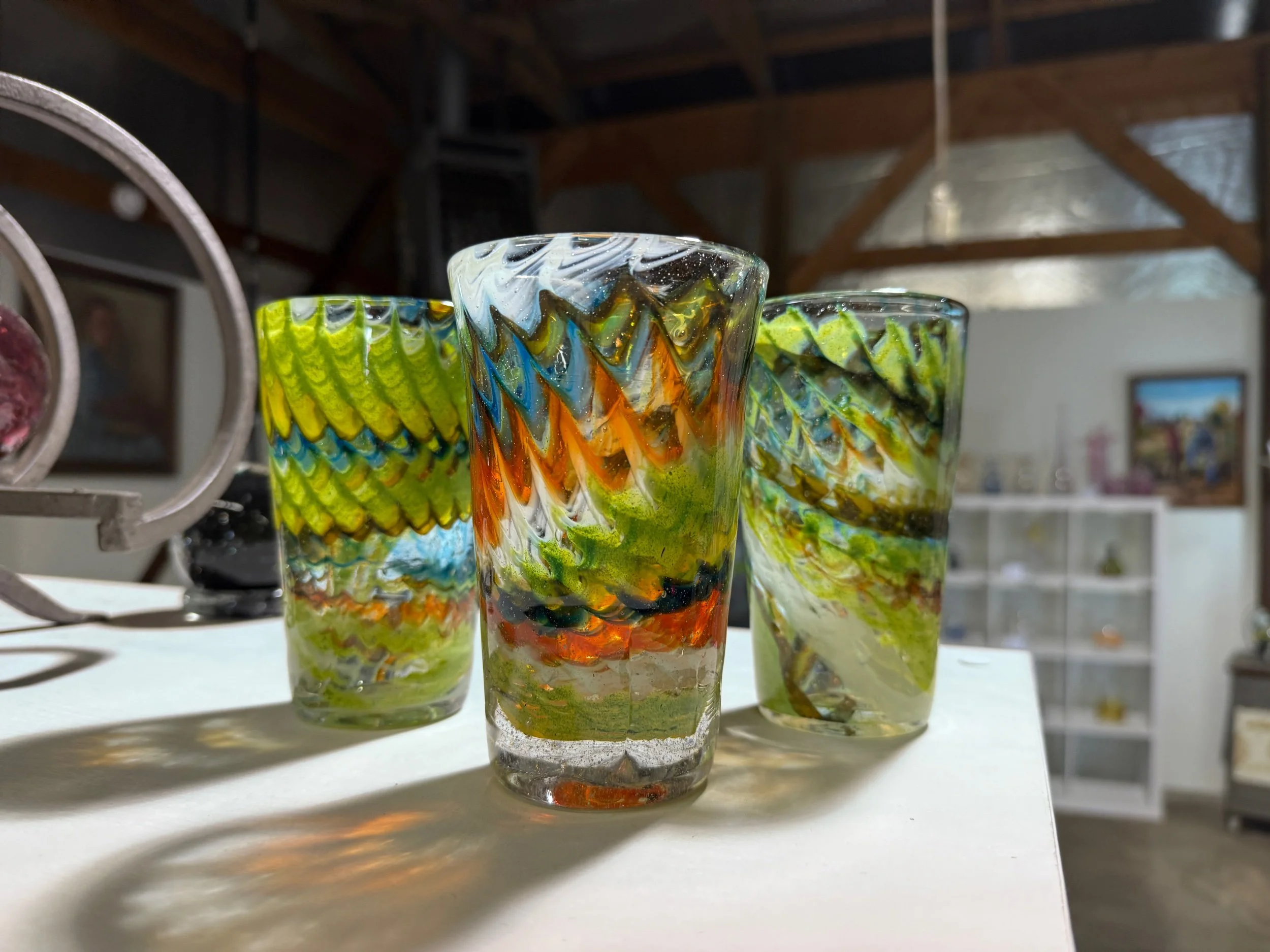 densely swirled high contrast color in glass tumblers
