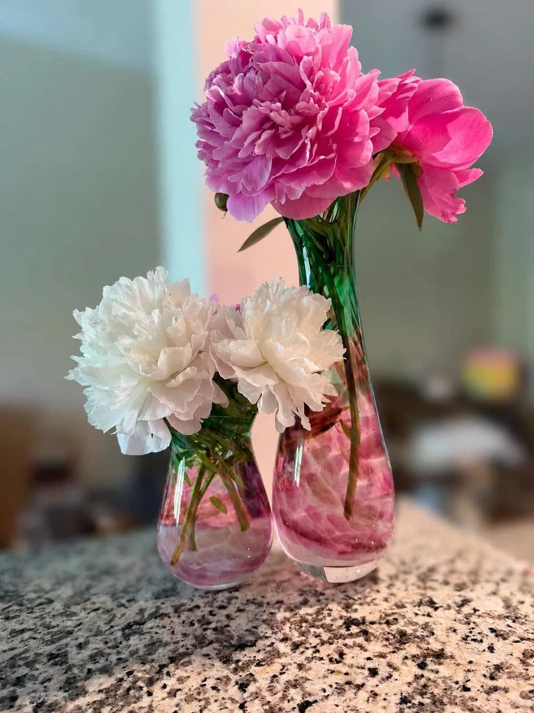 ramp vase and ourple and green bud vase with seasonal white and pink peonies