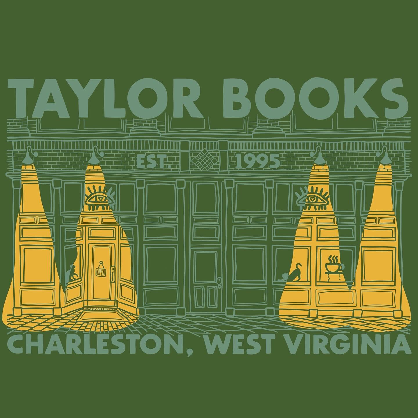 the graphic designed front facade logo of Taylor Books in yellow and green highlighting their old school charm