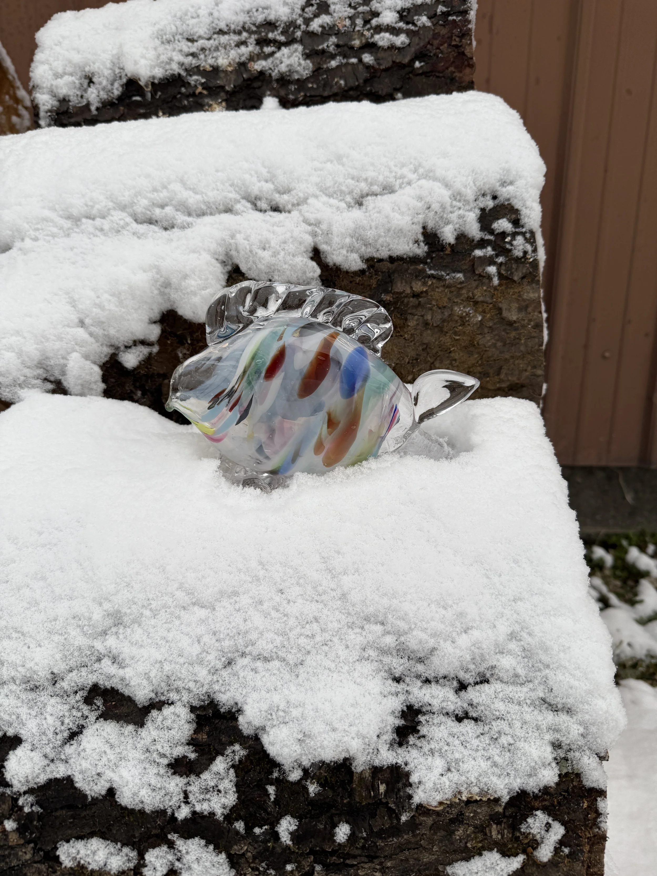 small white and rainbow speckled handcrafted handmade glass minnow fish