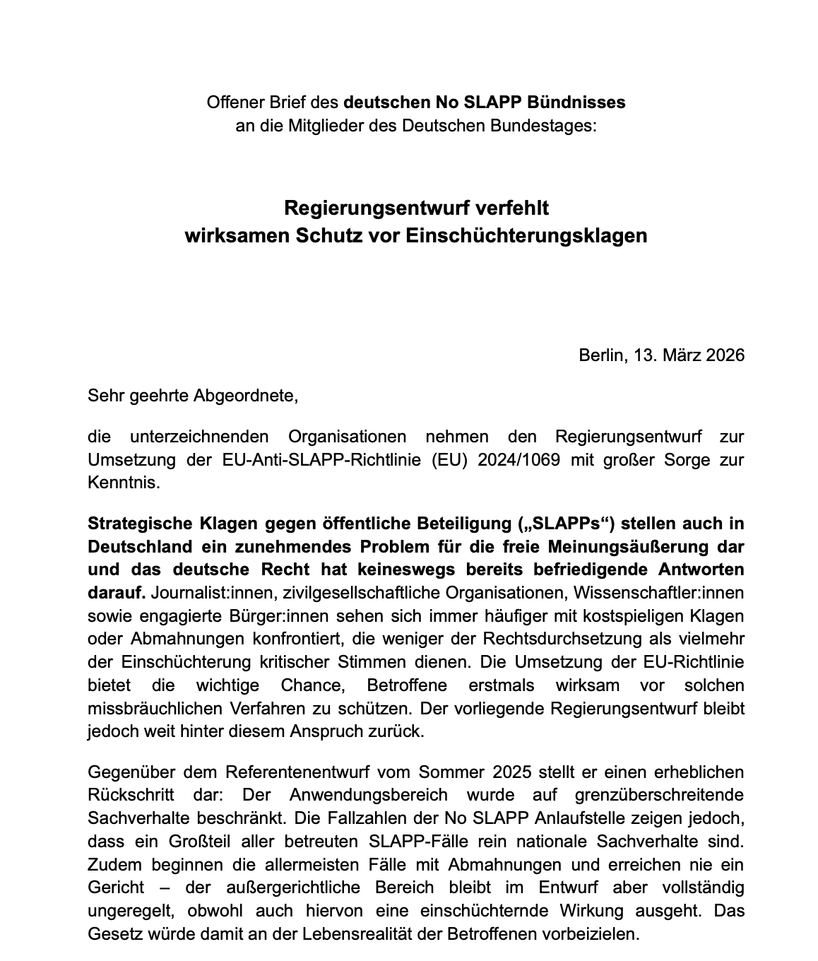 Offener Brief an den Bundestag: Breites Bündnis fordert wirksamen Schutz vor Einschüchterungsklagen