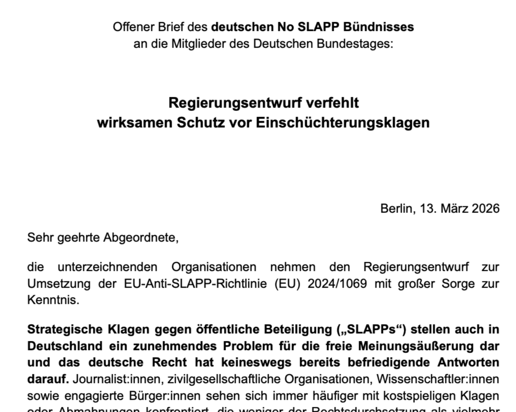 Offener Brief an den Bundestag: Breites Bündnis fordert wirksamen Schutz vor Einschüchterungsklagen