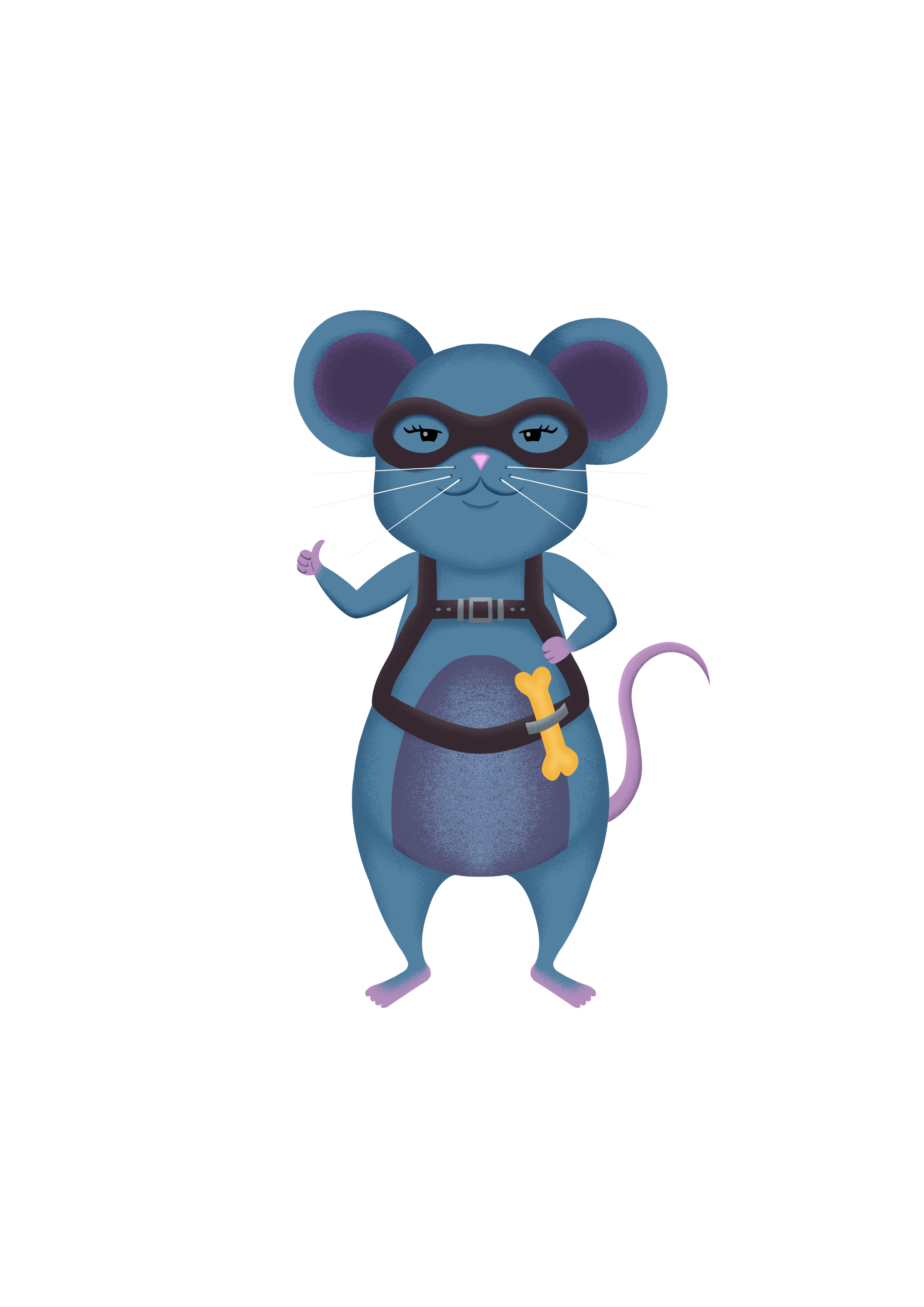 Picture of a blue mouse wearing a black eye mask. She is giving a thumbs up. She is wearing a harness with a bone stashed in the toolbelt of the harness. She is also