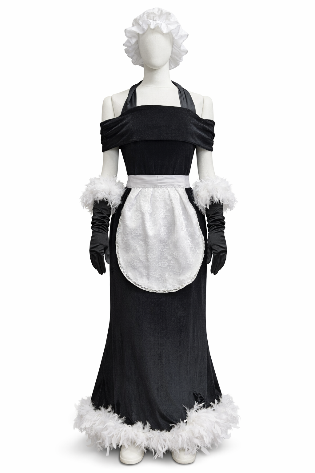 White mannequin dressed as a maid with a black and white dress, a white apron, and a white bonnet, standing against a plain background. Babette, Plumette.