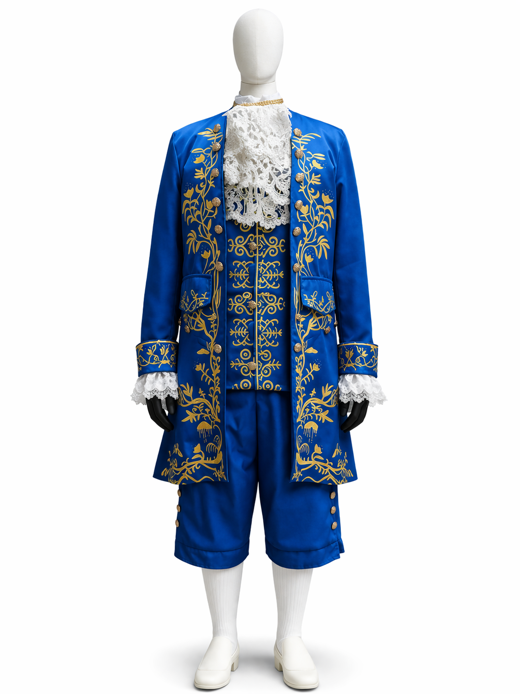 Mannequin wearing elaborate blue and gold embroidered historical costume with lace details. Prince hire Beauty and the Beast.