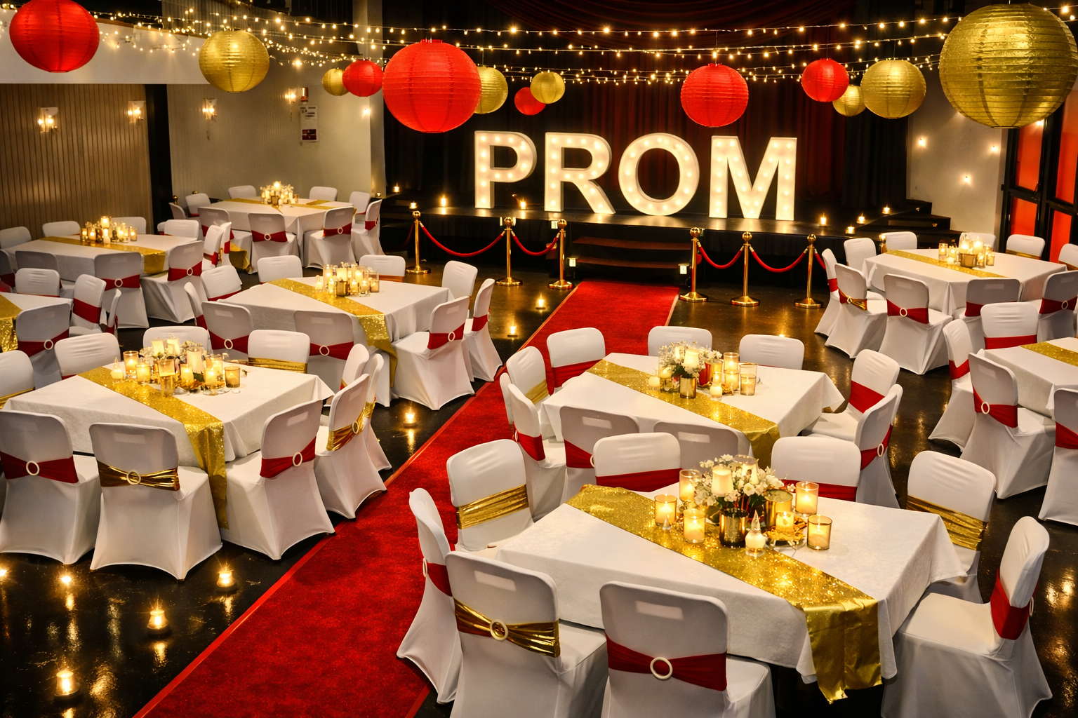 Decorated banquet hall for a prom, featuring tables with white tablecloths, gold & red accents, candles, & floral centerpieces, with a stage displaying illuminated "PROM" sign surrounded by string lights & hanging paper lanterns. Prom hire package.