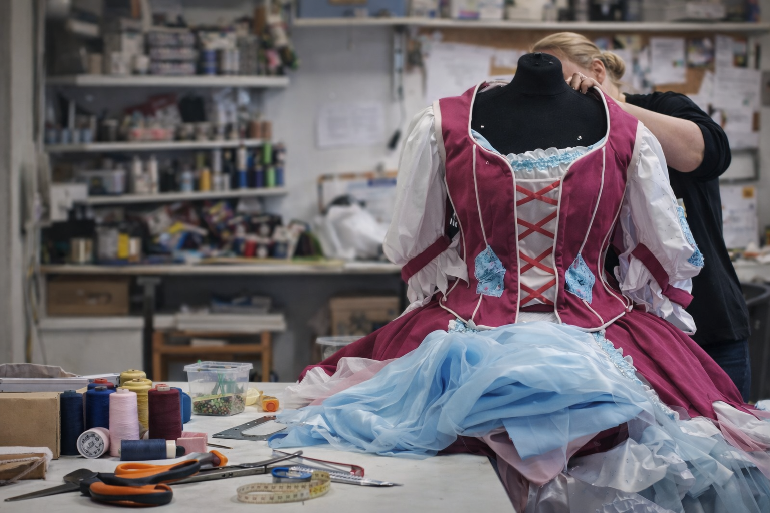 Transformation dress costume in progress on a mannequin in The Curious Theme Factory workshop as a seamstress works on it.